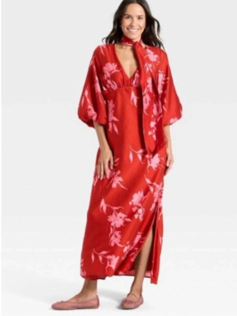 A New Day Women's Tie Neck Maxi Dress Size S Red & Pink Floral